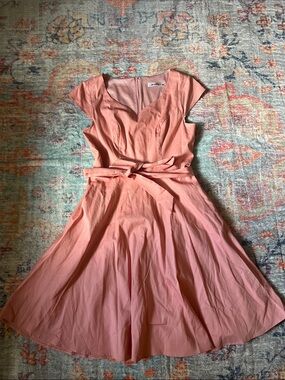 Kingfancy Vintage Style Coral Pink Cap-Sleeve Tie-Waist Midi Dress